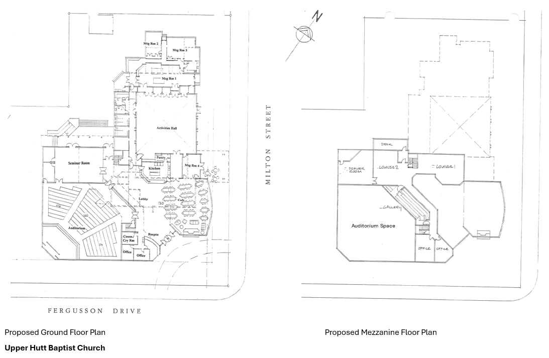 Proposed Ground Floor Plan and Proposed Mezzanine Floor Plan for Upper Hutt Baptist Church