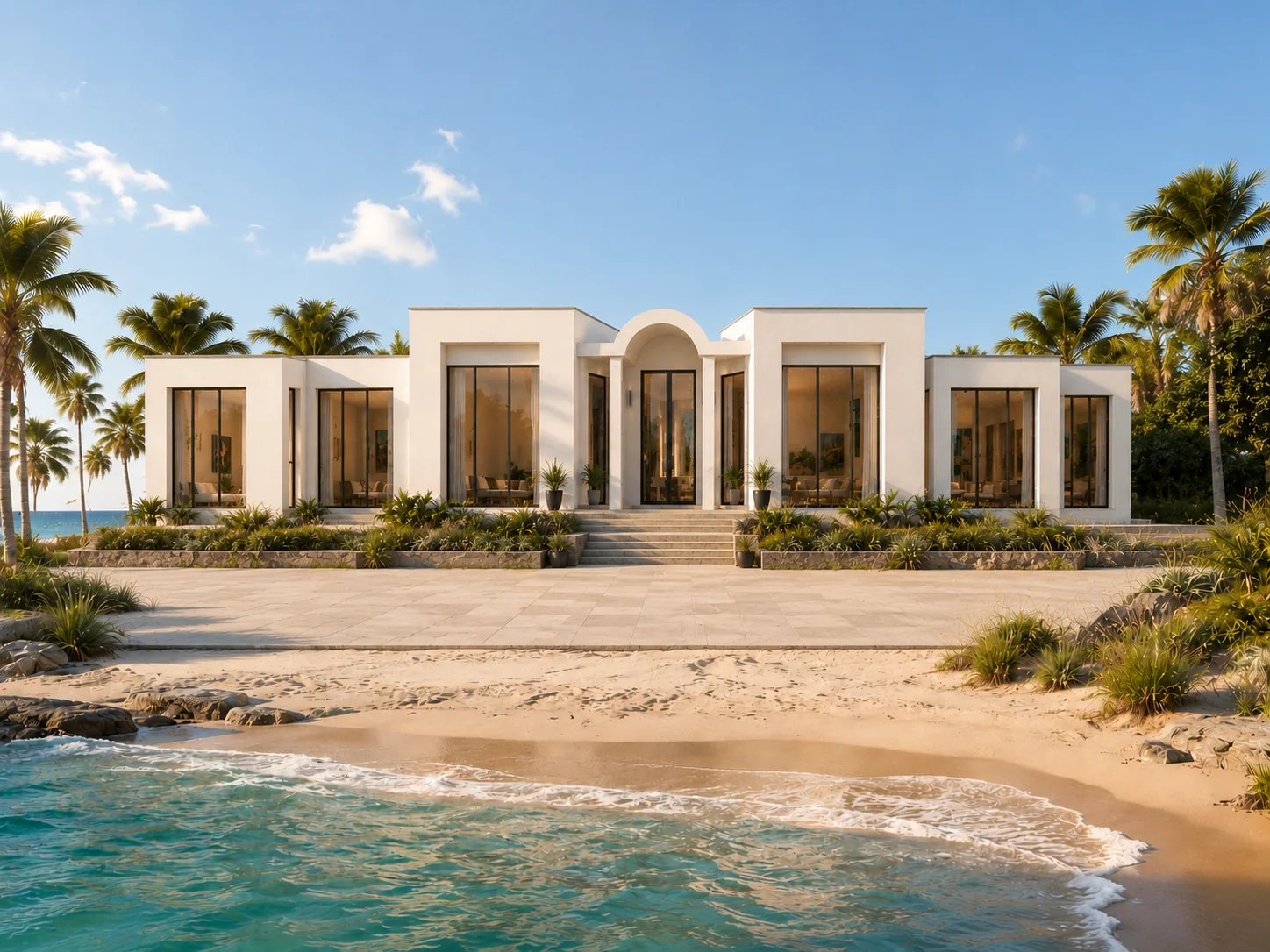 Rendered perspective of Beachfront House in a beachfront setting