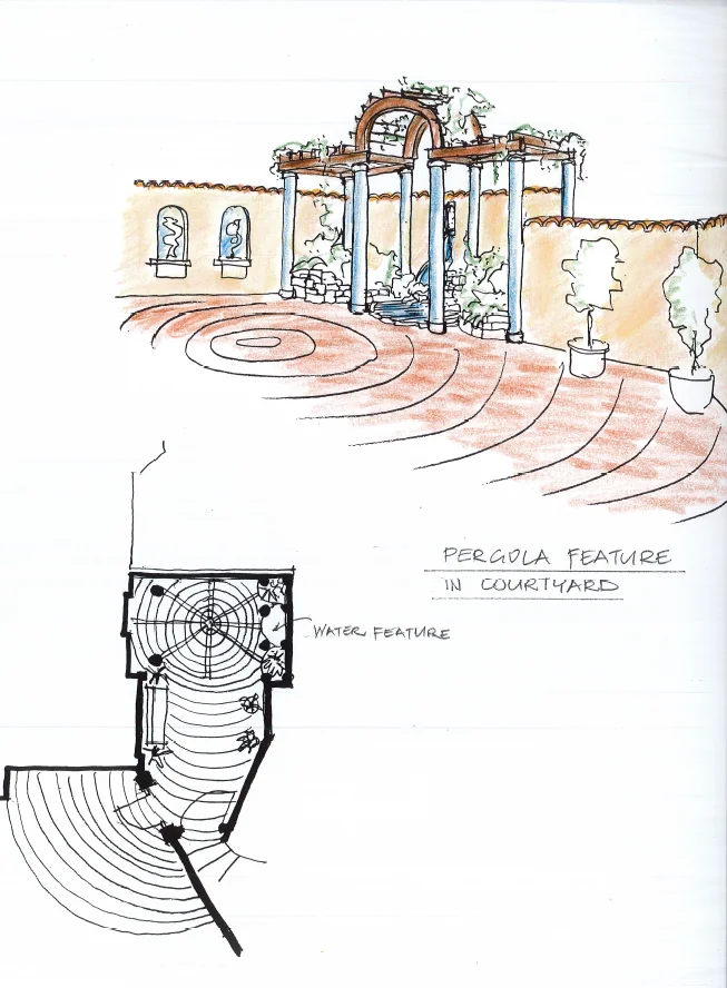 Concept sketch for a pergola feature in the courtyard at Chatsworth Road, Silverstream