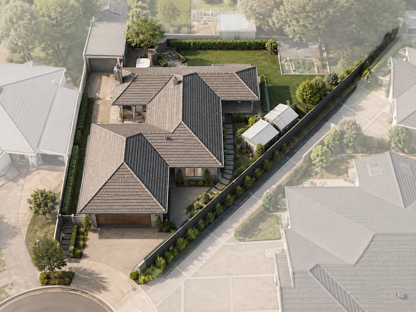 Aerial rendered view of the chosen single-storey Epuni House additions on the triangular property
