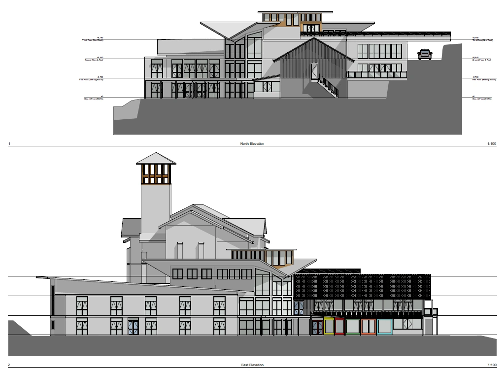 Preliminary elevations showing the Community Connection Point and existing church buildings