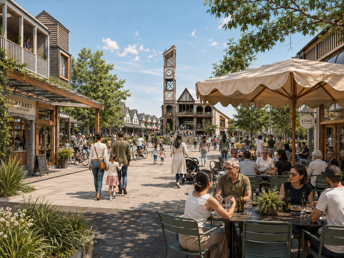 Low rise, medium-density - Paeroa, showing a lively pedestrian boulevard and public square