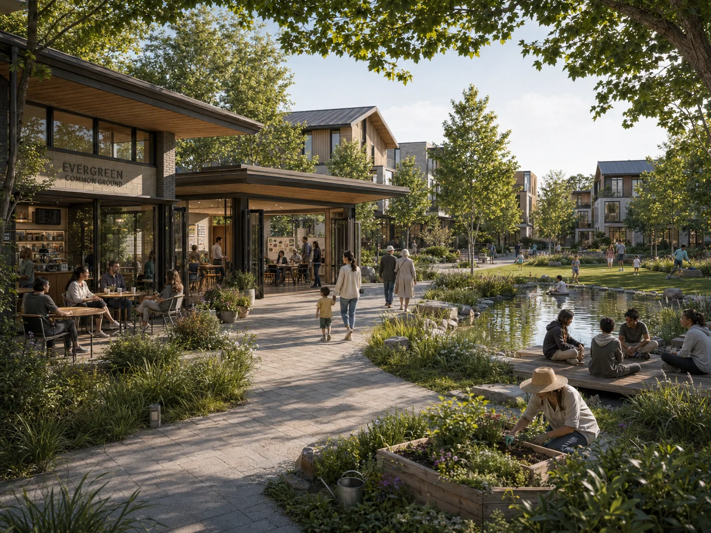 Community hub beside a pond with café seating, paths, planting and people gathering