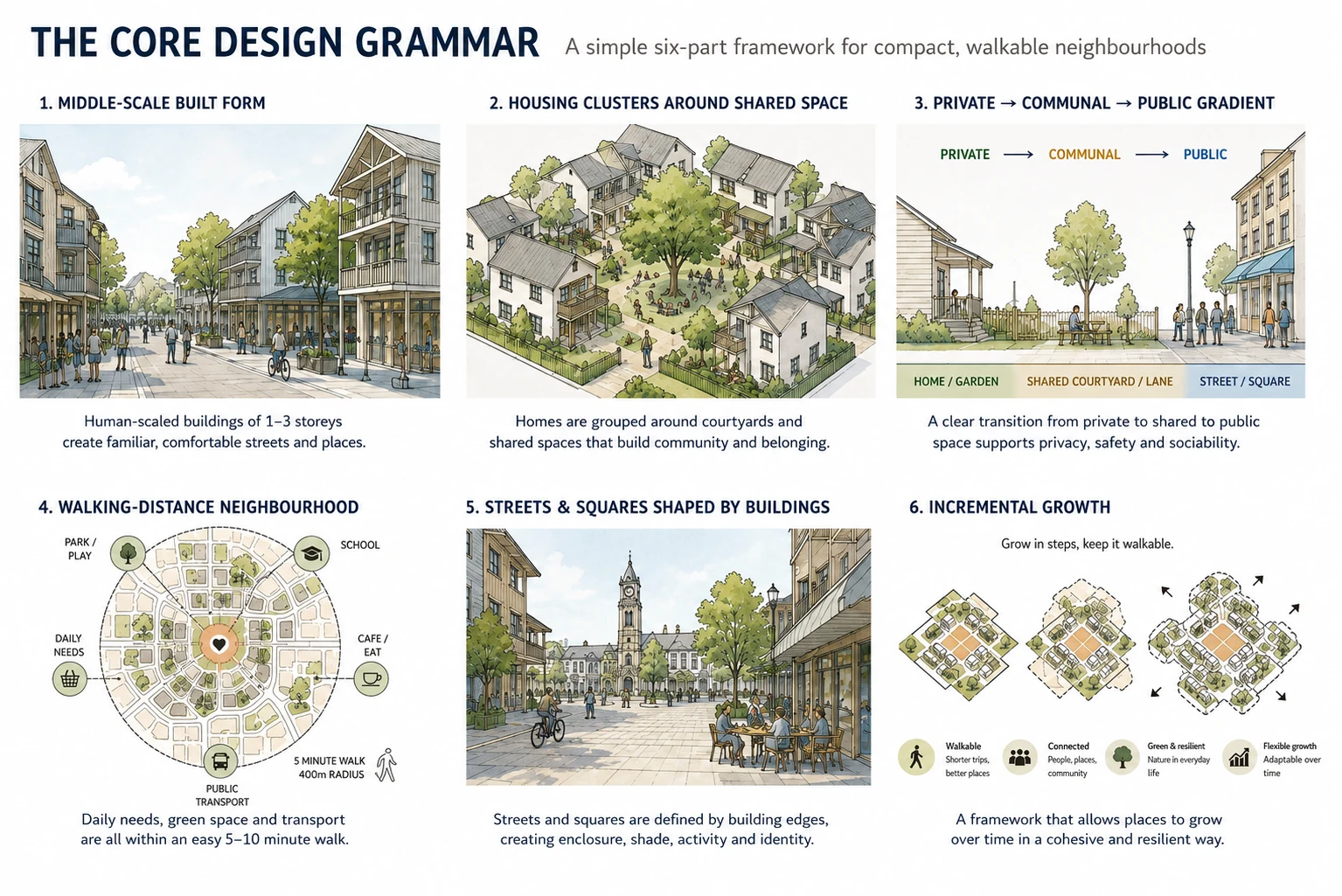 The core design grammar for compact walkable neighbourhoods, shown as six illustrated principles