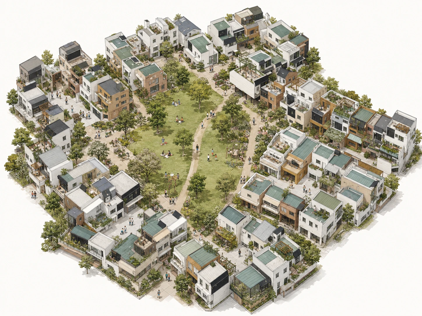 Aerial illustration of about 70 dwellings clustered around a large shared green space