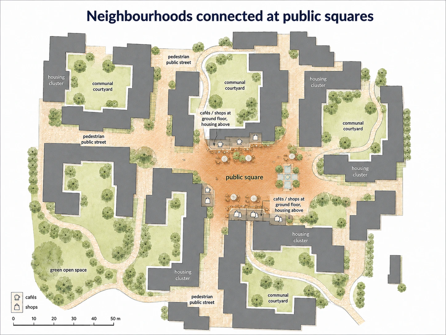 Plan showing housing clusters and communal courtyards connected by pedestrian public streets to a central public square