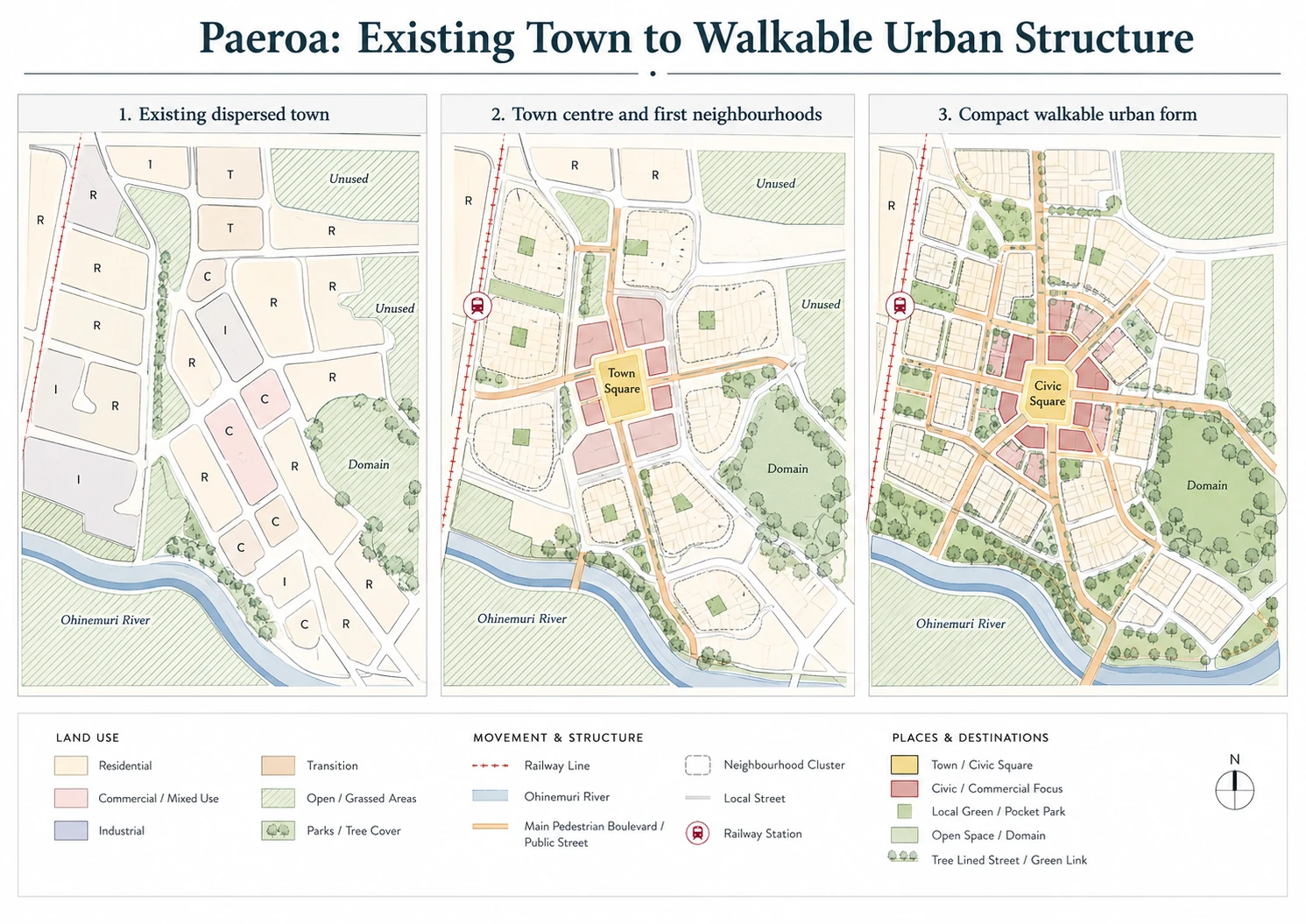 Three-stage diagram showing Paeroa evolving from a dispersed town to a compact walkable urban structure