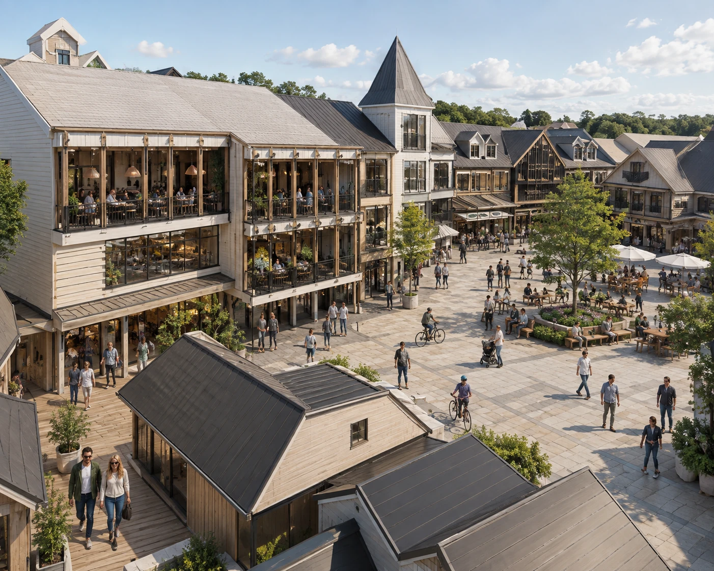 Illustration of a lively public square enclosed by low-rise mixed-use buildings, with cafés, pedestrians, cyclists and planting