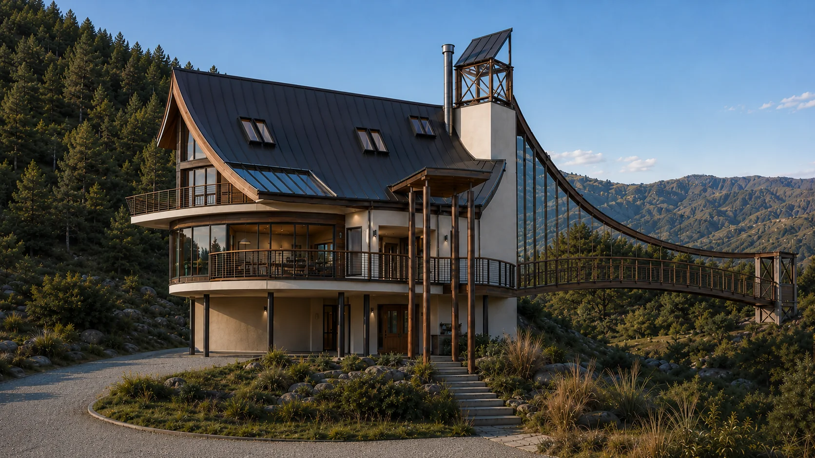 Rendered perspective of Nicholls House on its hillside setting