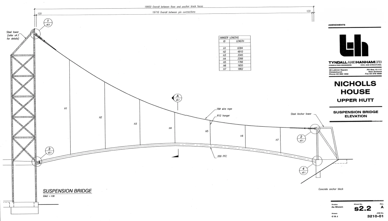 Structural drawing of the Nicholls House suspension bridge by Tyndall and Hanham