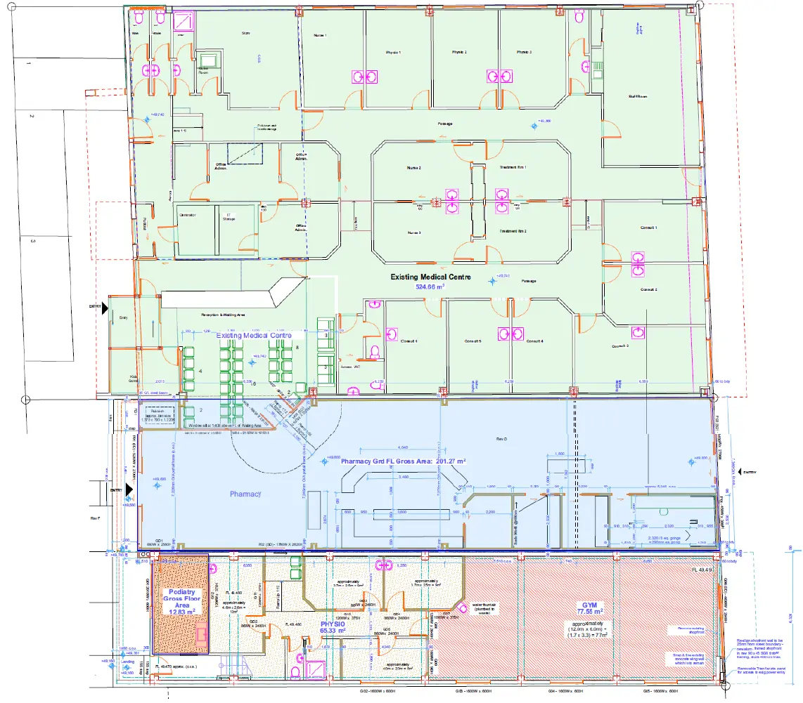 Ground floor plan of the completed Queen Street Health Centre across three properties