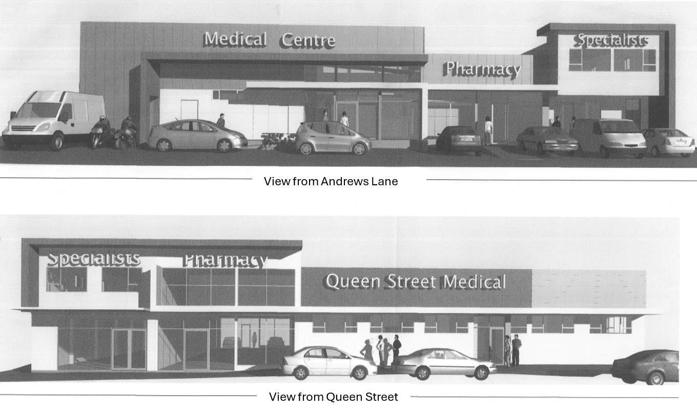 Concept elevations of the future health complex from Andrews Lane and Queen Street