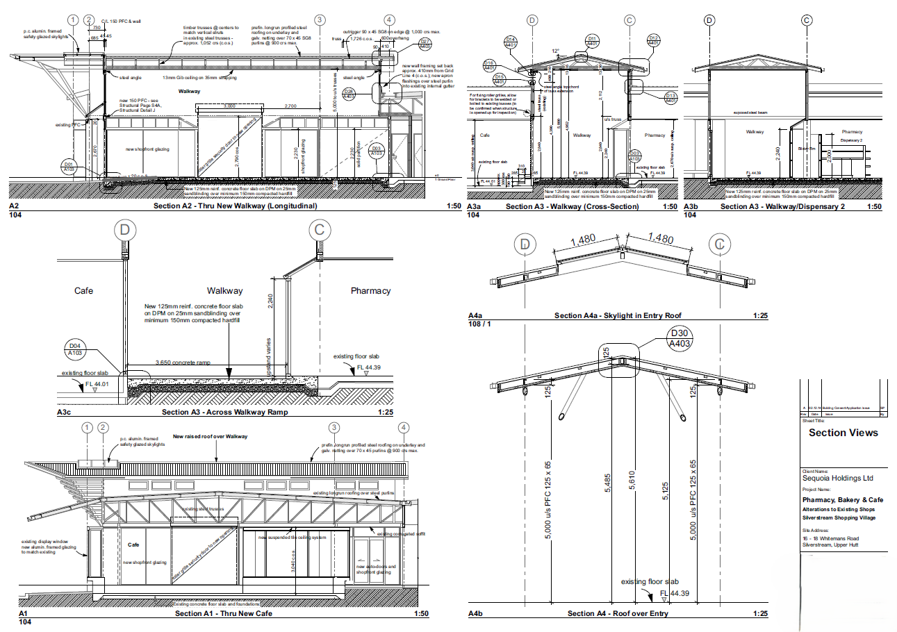 Cross-sections through the Silverstream Pharmacy and Bakery redevelopment