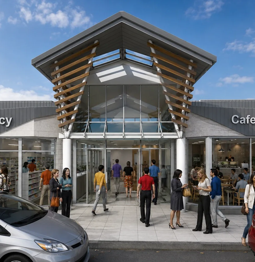 Close view of the remodelled double-height entry to the Silverstream Pharmacy and Bakery
