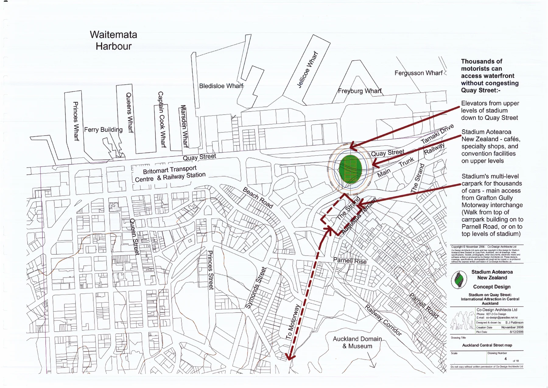 Central Auckland map showing the proposed stadium, transport links, multi-storey carpark and connection toward Parnell