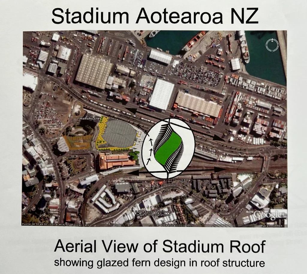 Aerial view of the stadium roof showing the glazed fern design in the roof structure